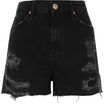Black high waisted frayed denim shorts